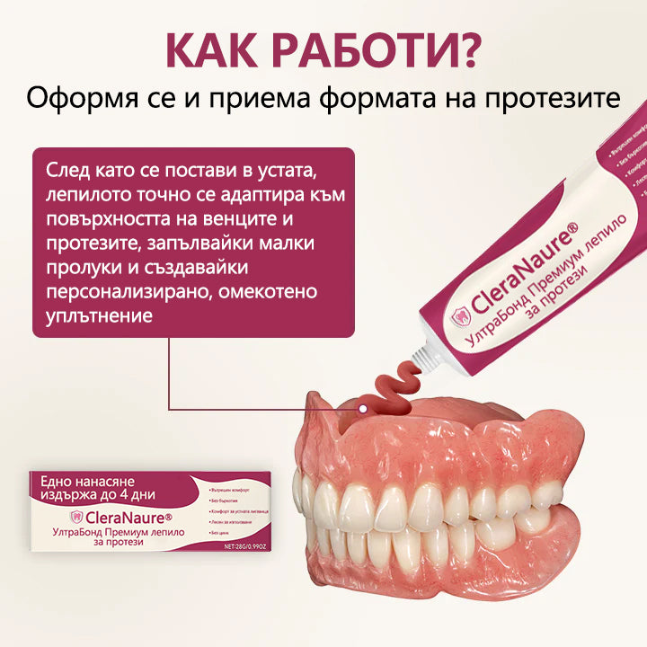 🥇CleraNaure® UltraBond Premium лепило за протези 🔥 Клинично доказано 4-дневно залепване за сигурно, удобно и безцинково закрепване на протези 🦷