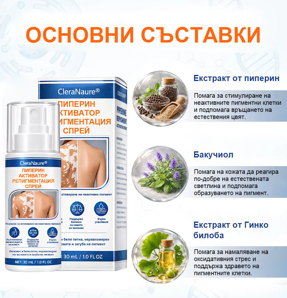 Spray-ът Piperine Repigment Aktivator® CleraNaure активира латентните пигментни клетки и възстановява естествения цвят на кожата.