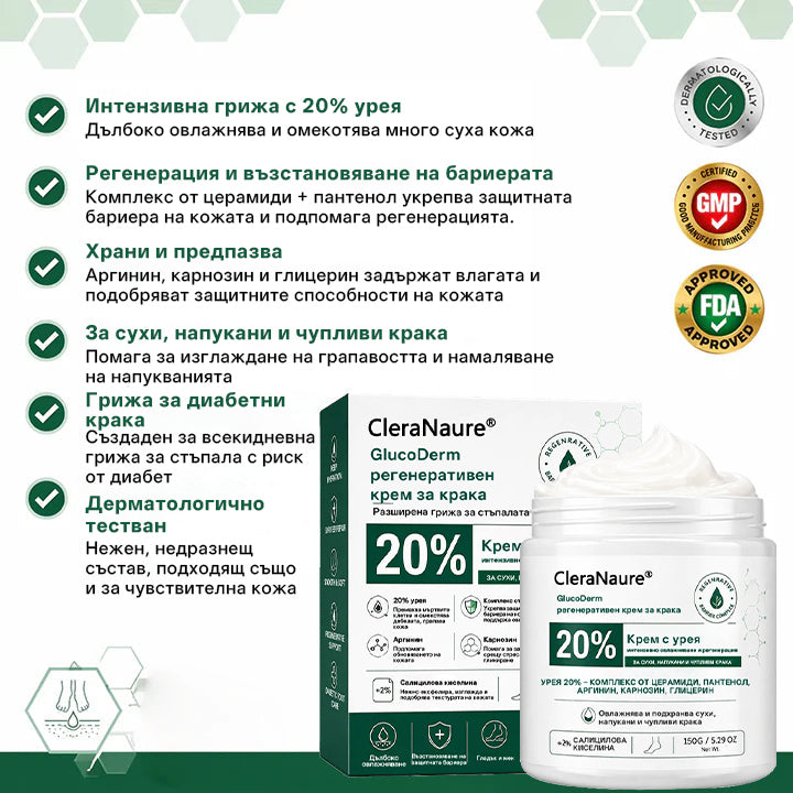 CleraNaure®GlucoDerm Регенериращ крем за крака